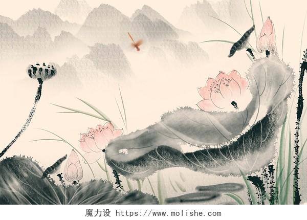 水墨荷花 国风 蜻蜓 夏天 国画古风中国风唯美山水风景动物